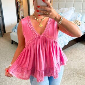POL Pink Boho Lace Trim Babydoll Tank Top Women’s M